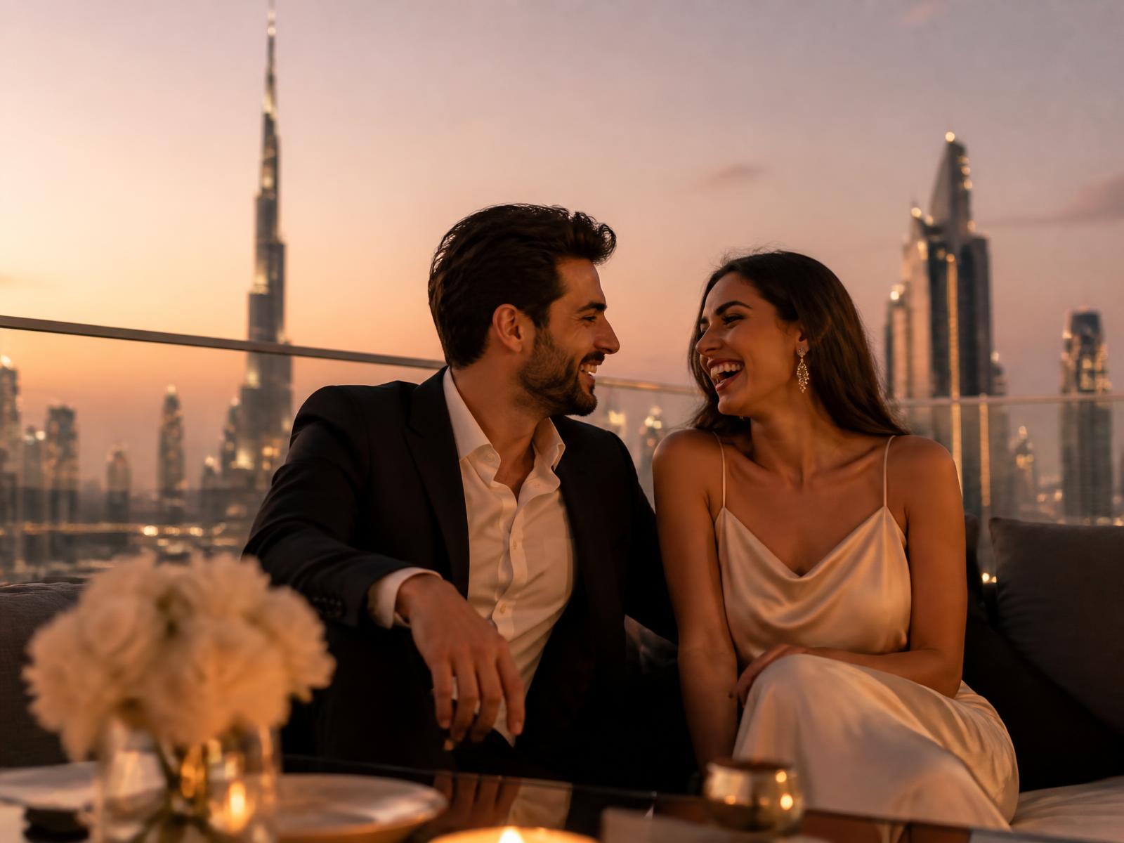 A couple laughing together at sunset on a Dubai rooftop